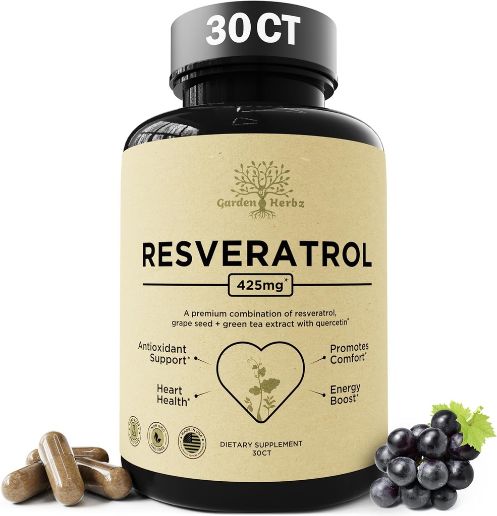 Quercetin & Resveratrol Supplement with Grape Seed – 425mg Herbal Antioxidant & Wellness Support – Polyphenols & Nutrient Blend for General Health, 30Ct