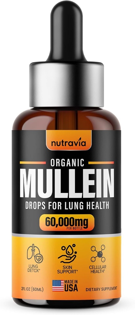 Gouttes de Mullein pour les poumons - Extra Strength Organic Mullein Leaf Extract Tecture for Lung Health, Detox, Immune & Respiratory Support Better Lung Formula, Made in USA, Mullin Supplément gouttes (2oz)