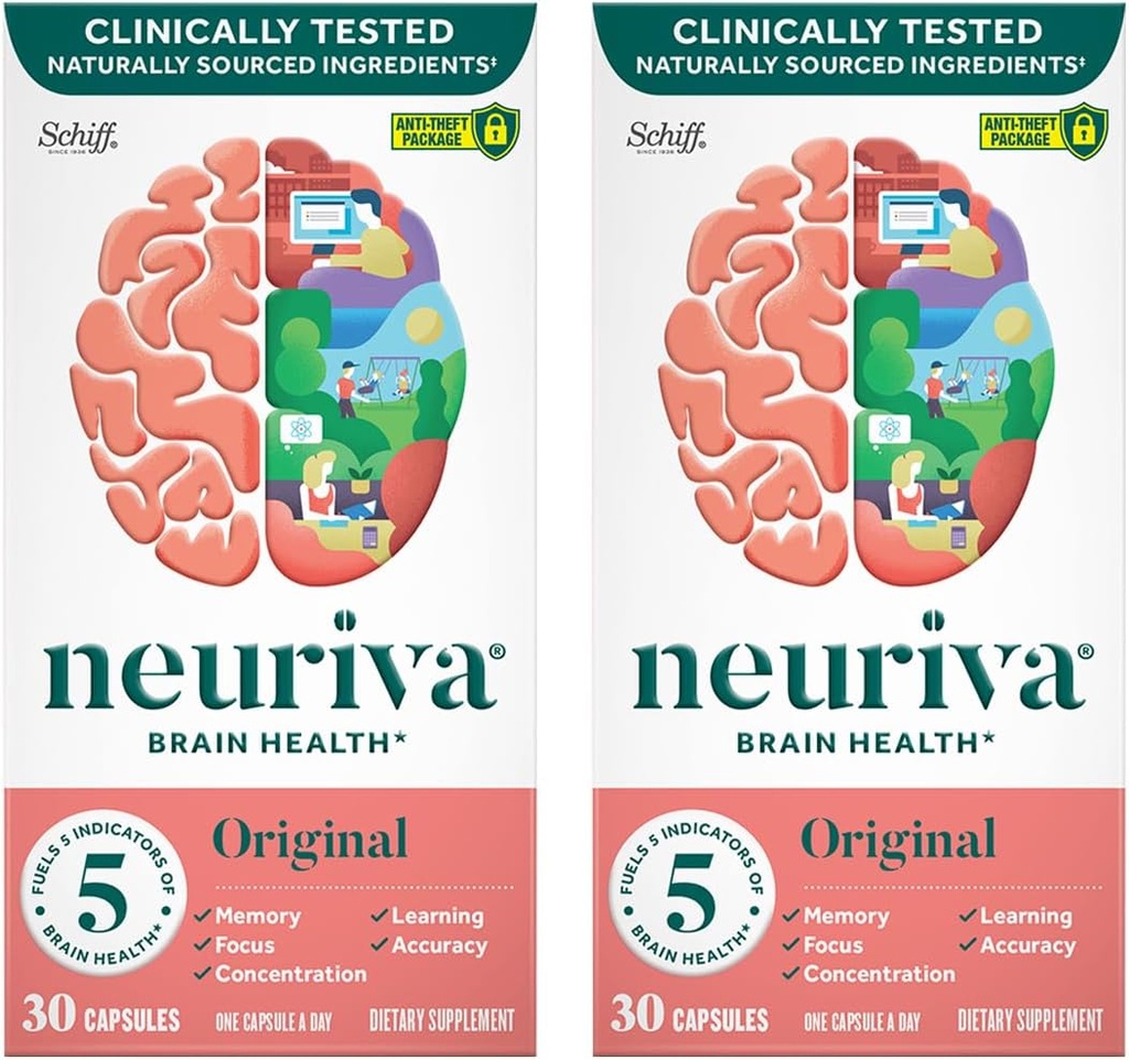 NEURIVA Supplément Cerveau d'origine pour la mémoire, la concentration et la concentration + Apprentissage et exactitude avec Nootropics testés cliniquement Phosphatidylsérine et neurofacteur, sans caféine, 30 Capsules (2 Pack)