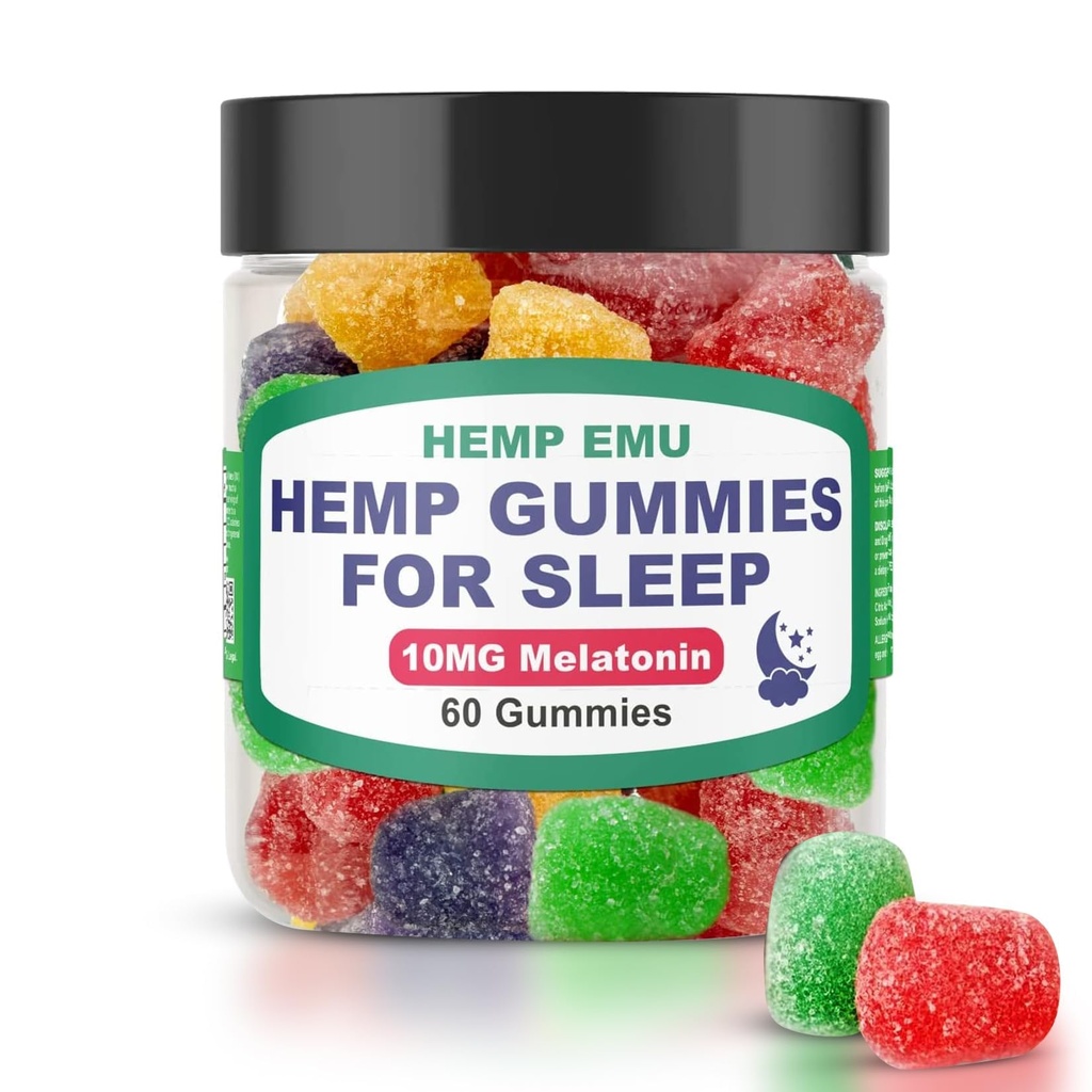 Gummies de chanvre émeu pour le sommeil - Asleep d'automne plus rapide, restez plus longtemps Asleep - 10mg Melatonin + Extrait de chanvre Premium, 2 Gummies par portion - 60 Gummes aromatisés de fruits de comte
