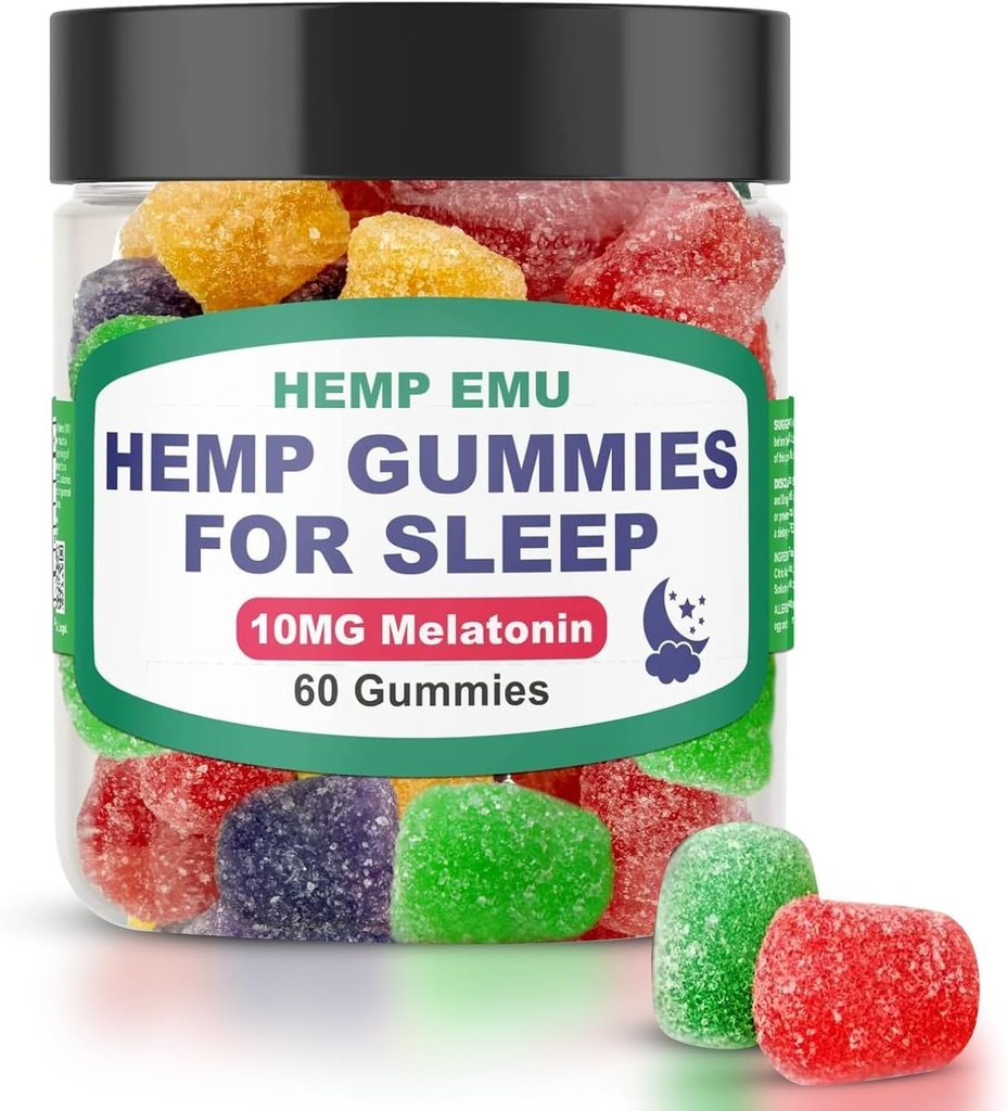 Hemp Emu Hemp Gummies for Sleep - Fall Asleep Faster, Stay Asleep Longer - 10mg Melatonin + Premium Hemp Extract, 2 Gummies Per Serving - 60 Count Fruit Flavored Gummies