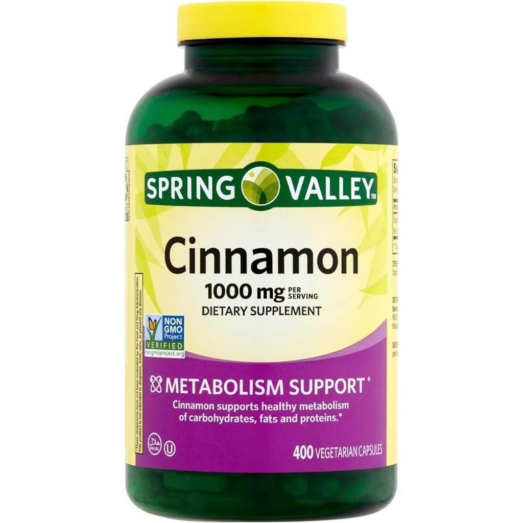 Supplément alimentaire à la cannelle de Spring Valley, 1000 mg, 400 capsules végétariennes - Soutien au métabolisme. Comprend Sticker.