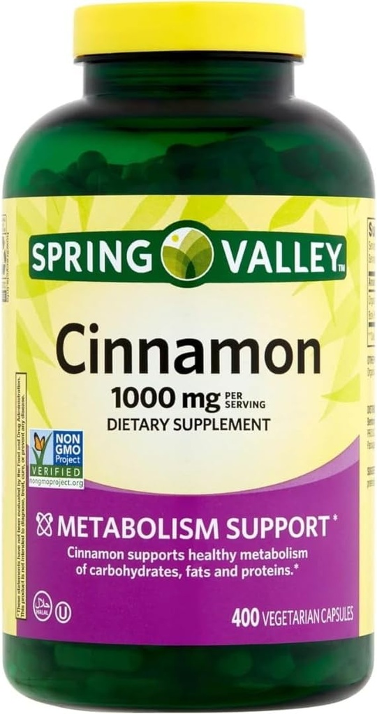 Supplément alimentaire à la cannelle de Spring Valley, 1000 mg, 400 capsules végétariennes - Soutien au métabolisme. Comprend Sticker.