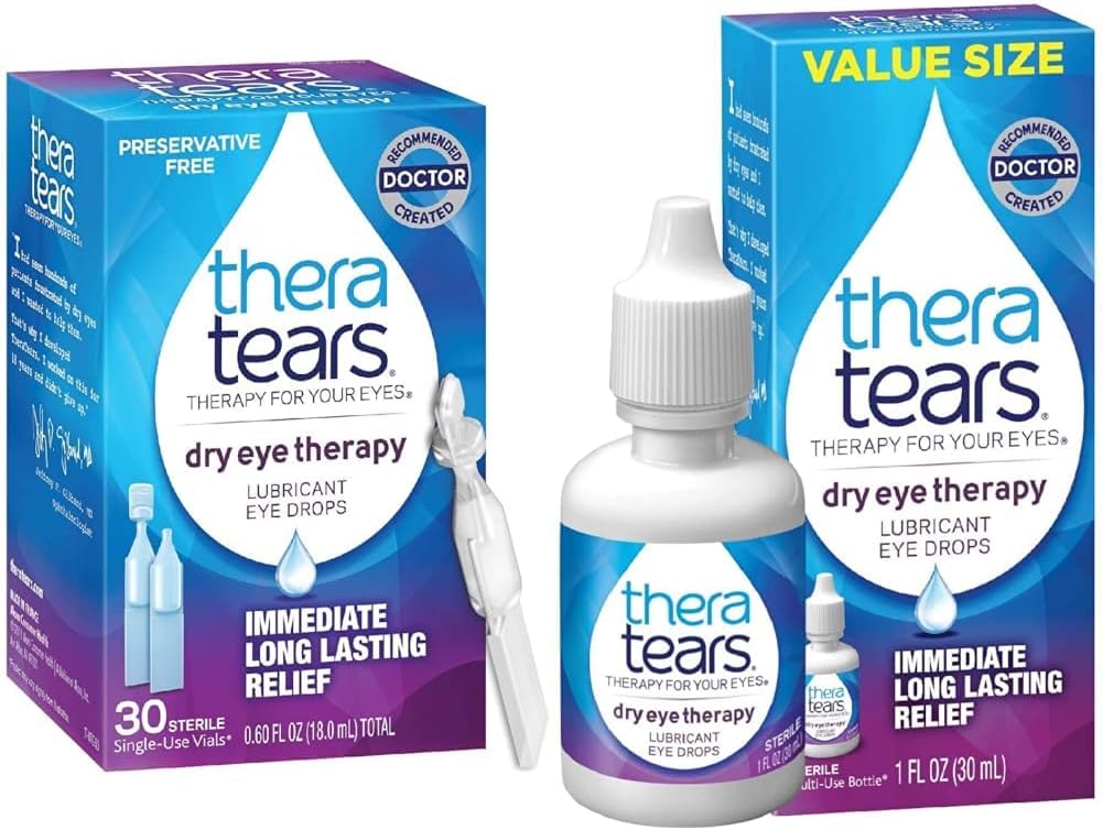 TheraTears Sec Eye Therapy Lubrifiant gouttes oculaires pour les yeux secs, Preservative Free Eye Drops, 30 Viales à usage unique et Sec Eye Therapy gouttes oculaires pour les yeux secs, 1,0 Fl Oz
