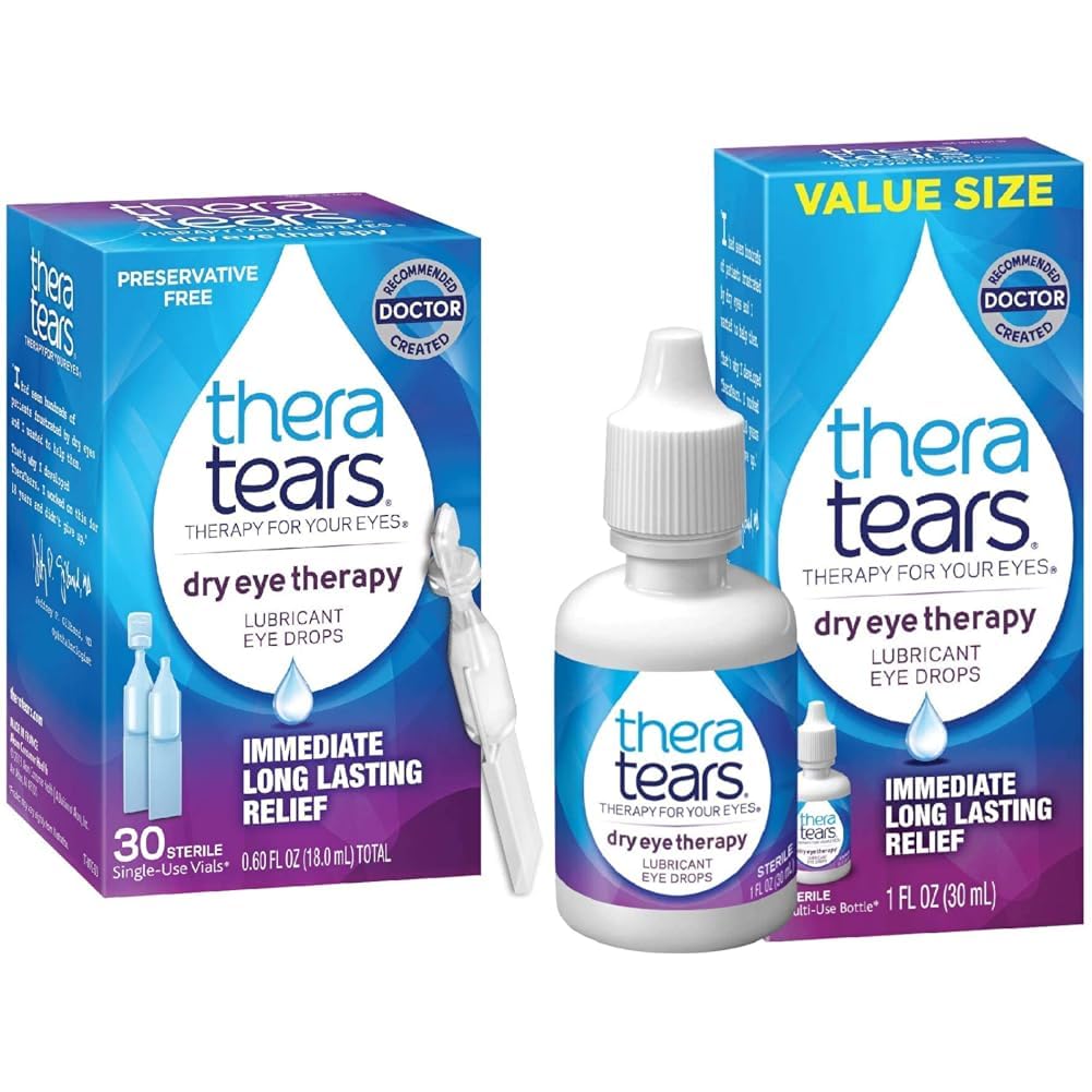 TheraTears Sec Eye Therapy Lubrifiant gouttes oculaires pour les yeux secs, Preservative Free Eye Drops, 30 Viales à usage unique et Sec Eye Therapy gouttes oculaires pour les yeux secs, 1,0 Fl Oz