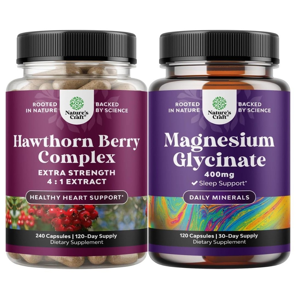 Natures Craft Bundle of Extra Strength Hawthorn Berry Capsules - Supplément de digestion d'extrait et de santé cardiaque et Glycinat de magnésium pur 400mg par portion pour l'humeur du sommeil et la relaxation