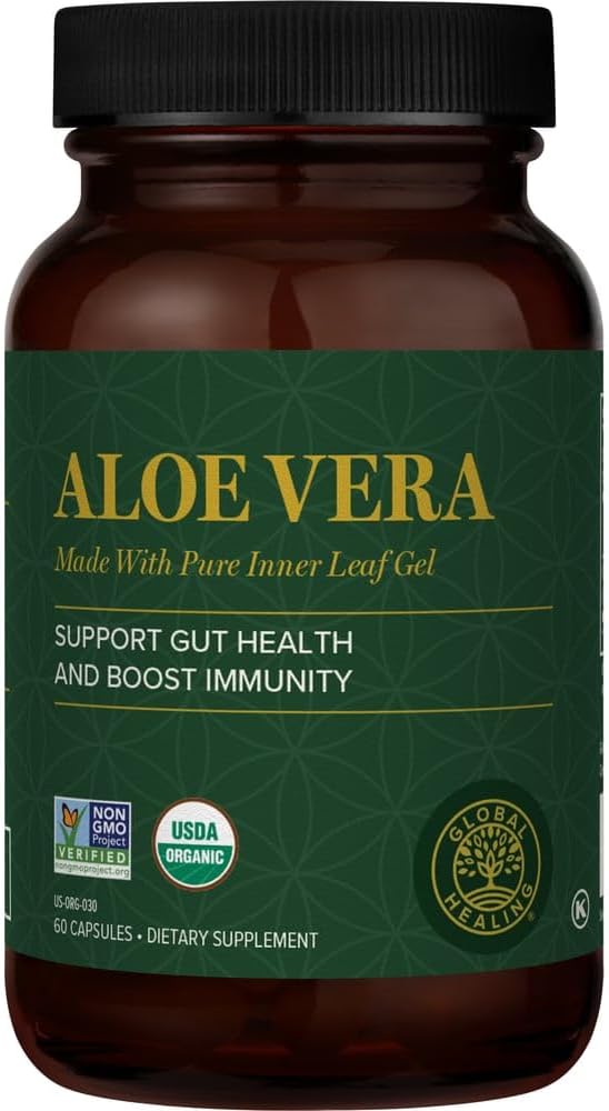 Global Healing Aloe Vera Bio-Activ Organic Leaf Supplement - 200x Formule concentré avec la plus forte concentration d'Acemannan - sans alongine - Gut Health & Immmune Support - 60 Capsules
