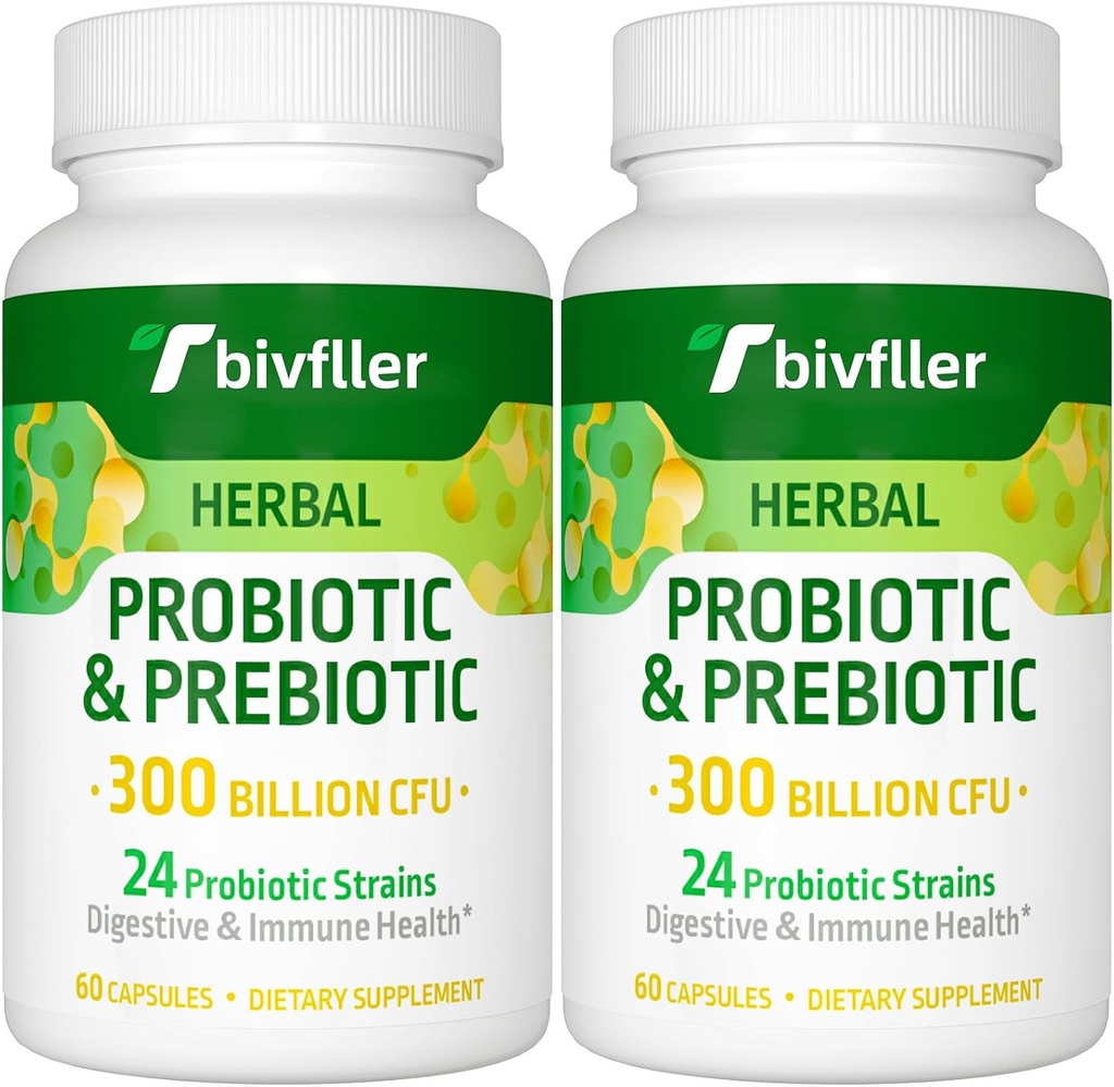 Probiotiques pour les femmes Hommes- 300 milliards CFU, 24 souches Probiotique+15 Herbes biologiques Prébiotiques Mélange, pré et probiotiques, pour la santé digestive, Immune et Gut, Diarrhée, Bloating, Vegan, 4 mois d'approvisionnement