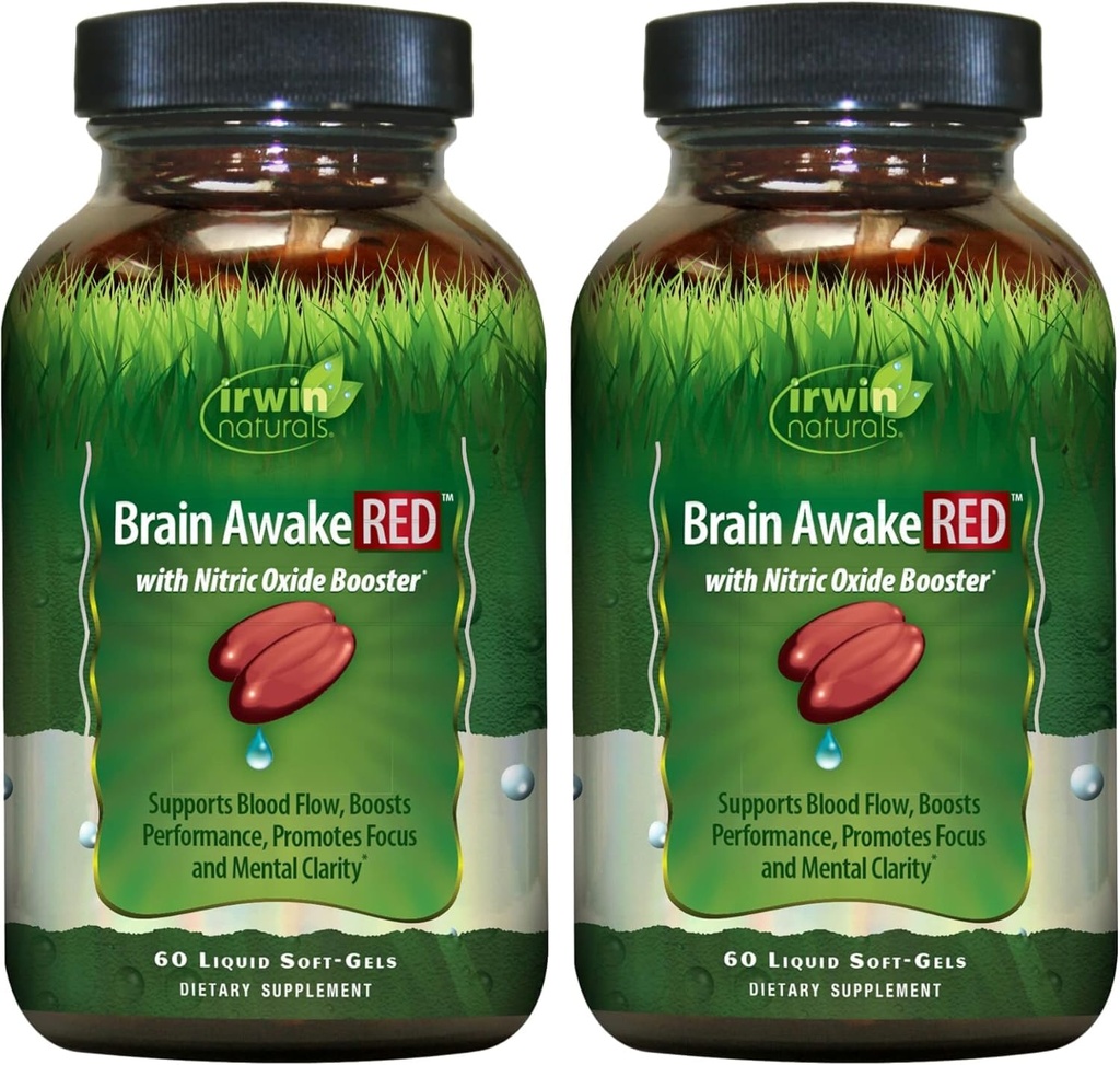 Irwin Naturals Cerveau Réveillez-vous avec un booster à oxyde nitrique - 60 Soft-Gels liquides, pack de 2 - Soutenir la santé cérébrale et optimiser les performances - 40 Total des services