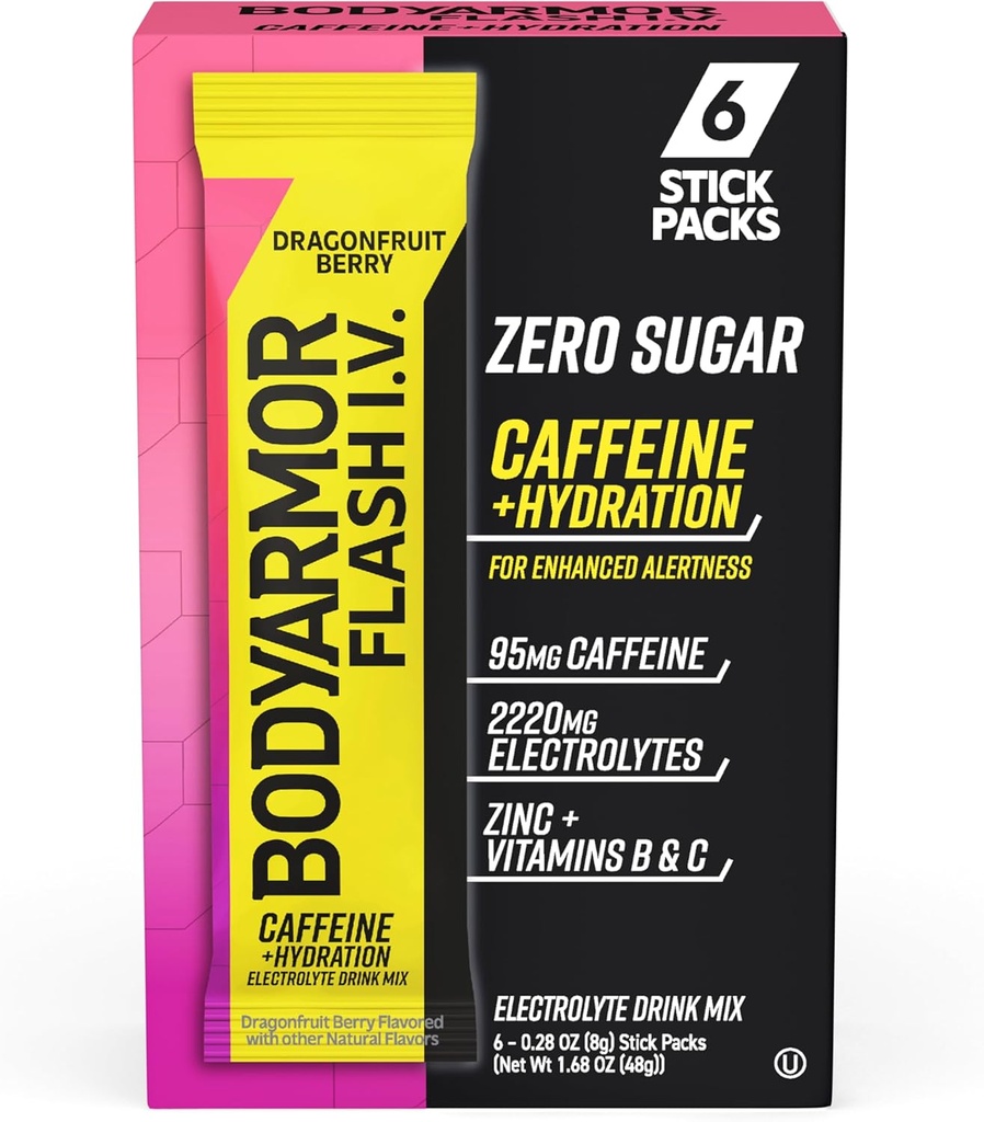 BODYARMOR Caffeinated Flash I.V. Electrolyte Packets - Dragonfruit Berry - Zero Sugar Energy Drink Mix, Single Serve Packs, Hydration for Pre Workout, Travel Essentials, Active Lifestyle (6 Count)