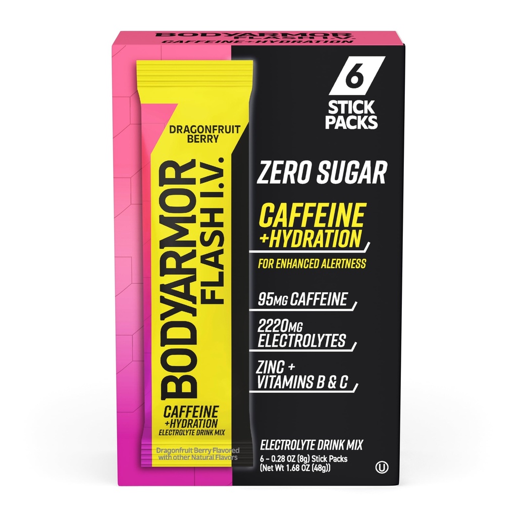 BODYARMOR Caffeinated Flash I.V. Electrolyte Packets, Dragonfruit Berry, Zero Sugar Energy Drink Mix, Single Serve Packs, Hydration for Pre Workout, Just Add Sticks to Liquid (6 Count)