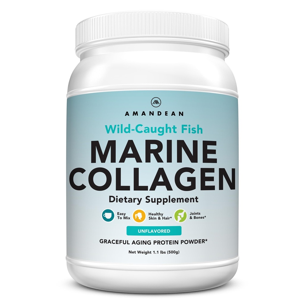 Poudre de Peptides de Collagène Marine d'AMANDEAN. 500g Supplément de Collagène de Poisson Hydrolysé Wild-Caught. Protéines de collagène de type 1 et 3. 18 acides aminés pour la peau, les cheveux, les ongles.