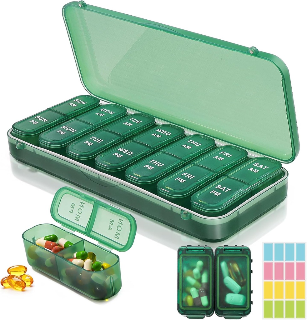 Organisateur de pilules hebdomadaires 2 fois par jour + 2 Trousse d'organisateurs de pilules amovibles - AM PM Organisateur de pilules de voyage pour supplément de vitamines huile de poisson, vert quotidien cas de pilule 2 fois par jour