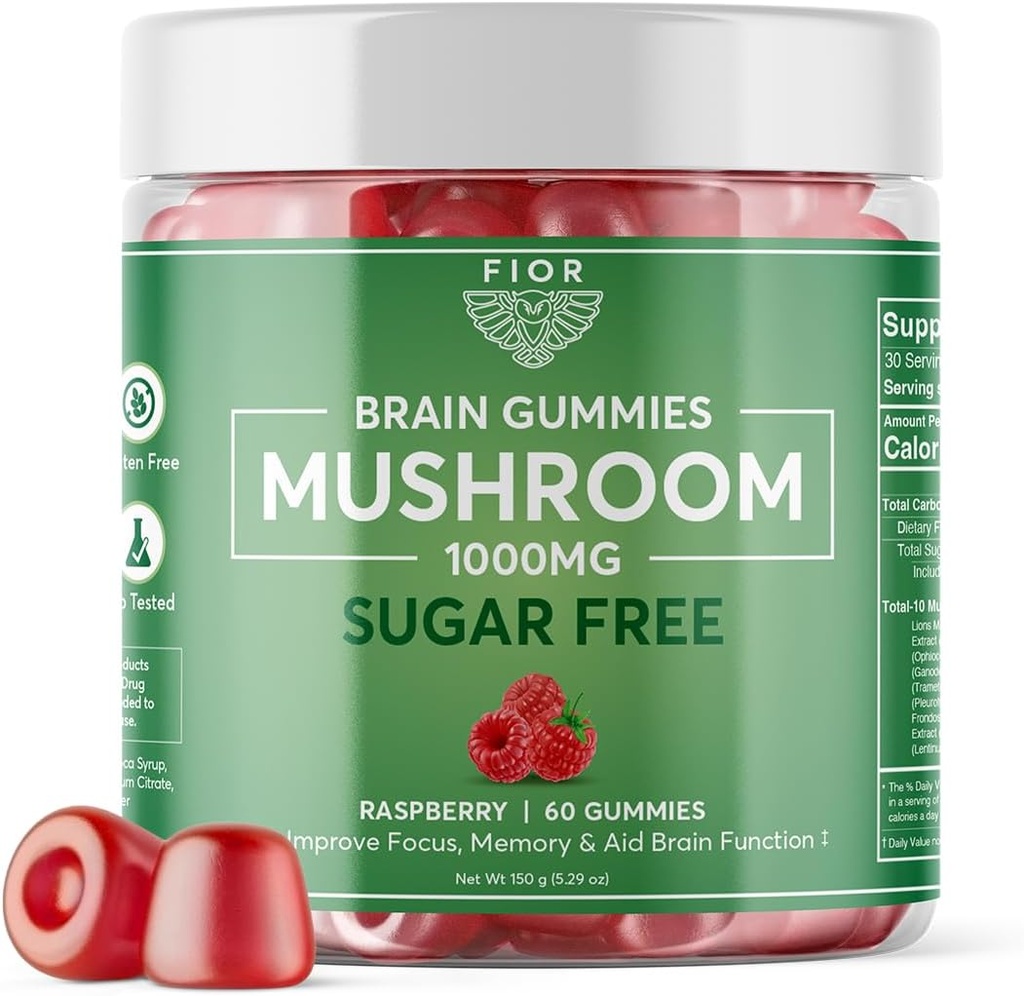 FIOR Naturellement sans sucre Champignon Gummy Supplément de mélange de champignons, 60 Comte, Multi Champignon Complexe, Lions Mane, Chaga, Cordyceps, Reishi, Turquie Tail, Maitake, Shiitake, Roi Trumpet