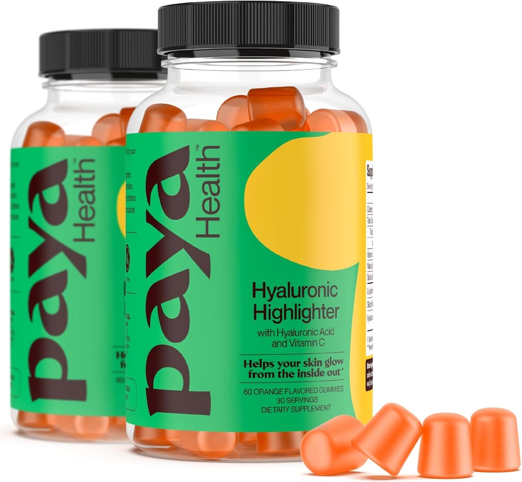 Hydratant Hyaluronique Highlighter Skincare Gummies.com prend en charge Skin Plus brillant, Dewy, Plump.com Acide hyaluronique végétalien et supplément de vitamine C.com Non-OGM, Sans gélatine, Arôme orange, approvisionnement de 60 jours