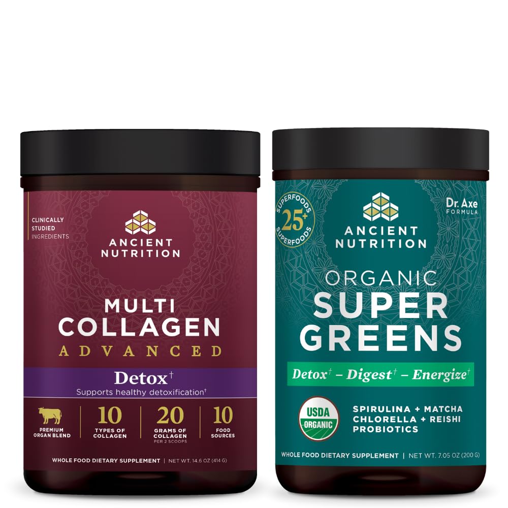 Nutrition ancienne Multi collagène Advanced Powder Cleanse & Detox, Non aromatisé, 36 portions + Poudre de SuperGreens Biologique, Saveur de Greens, 25 portions