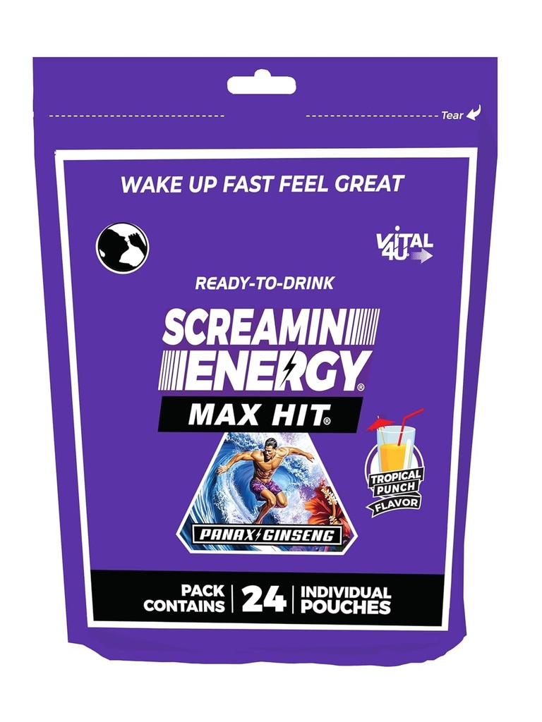 Scremin Energy Max Hit Tropical Punch Flavor - Puissance maximale sans sucre avec Ginseng, B vitamines et caféine - 24 Compte
