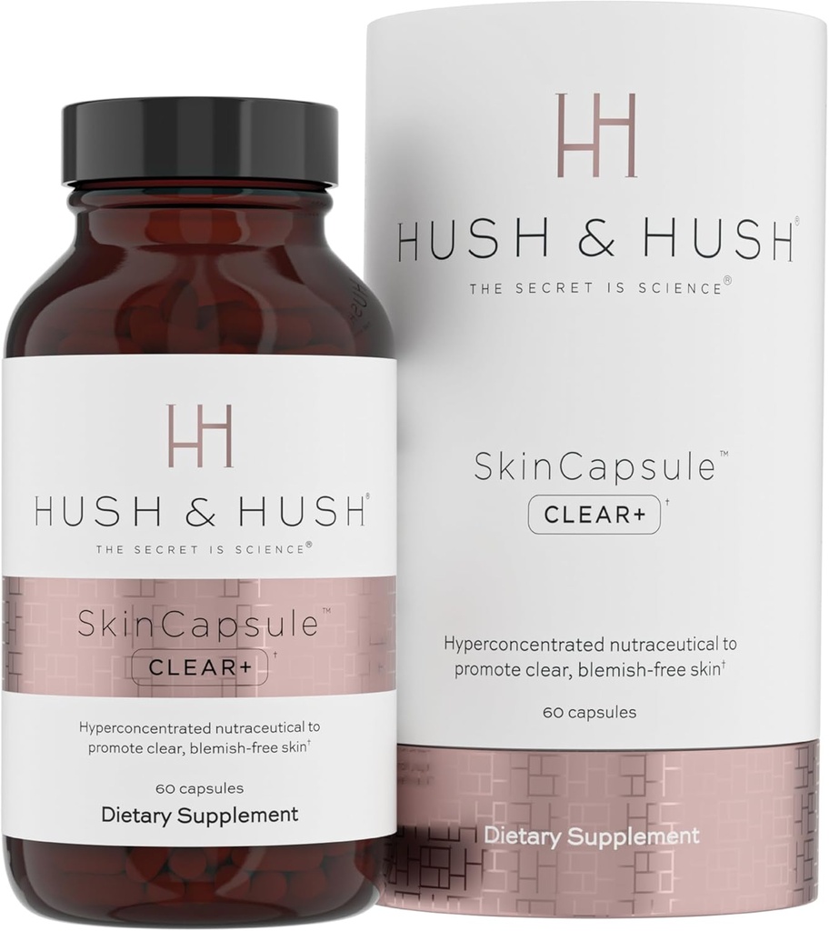 Hush & Hush SkinCapsuleTM Clear+, supplément soin de la peau, végétalien, traitement de l'acné pour le visage, suppléments nutraceutiques propres qui contient vitamine A, curcuma, racine de dandelion, zinc - 60 capsules