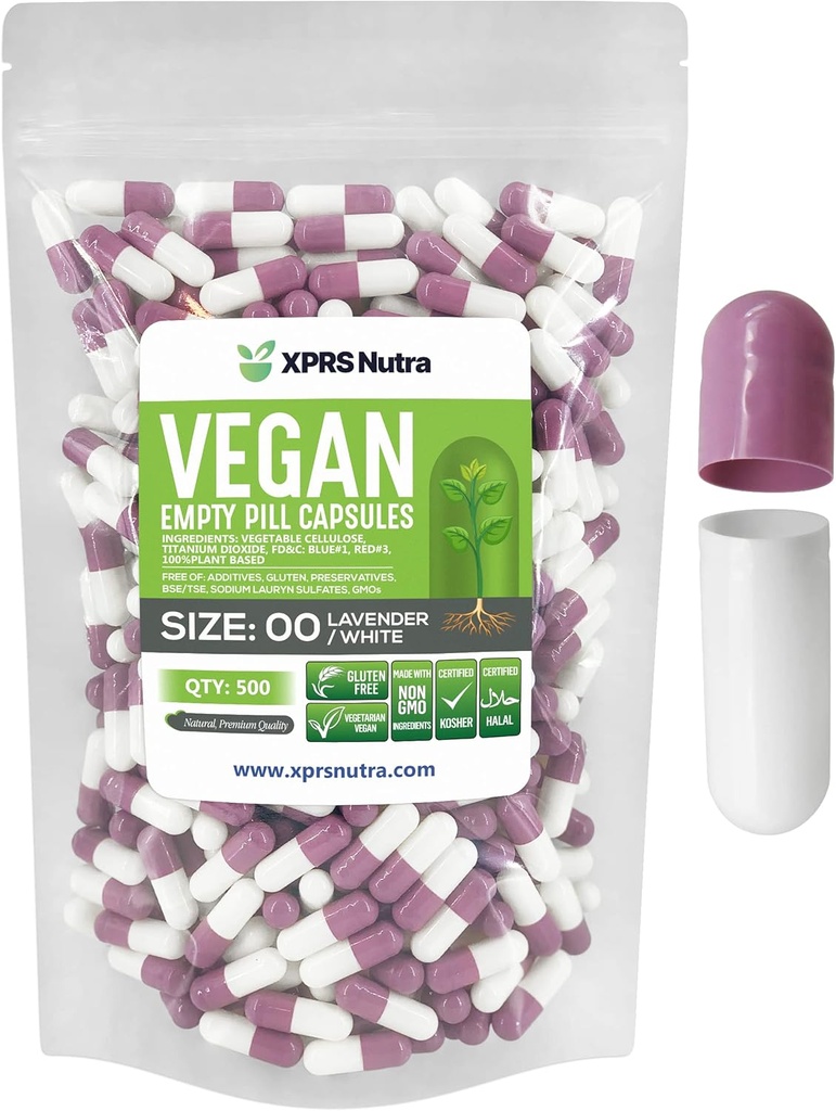 XPRS Nutra Taille 00 Capsules vides - 500 Compte Capsules vides de végétalien - Pilules vides végétariennes - Bricolage Gélule végétale Remplissage- Caps de pilules végétariennes (Lavande/Blanc)