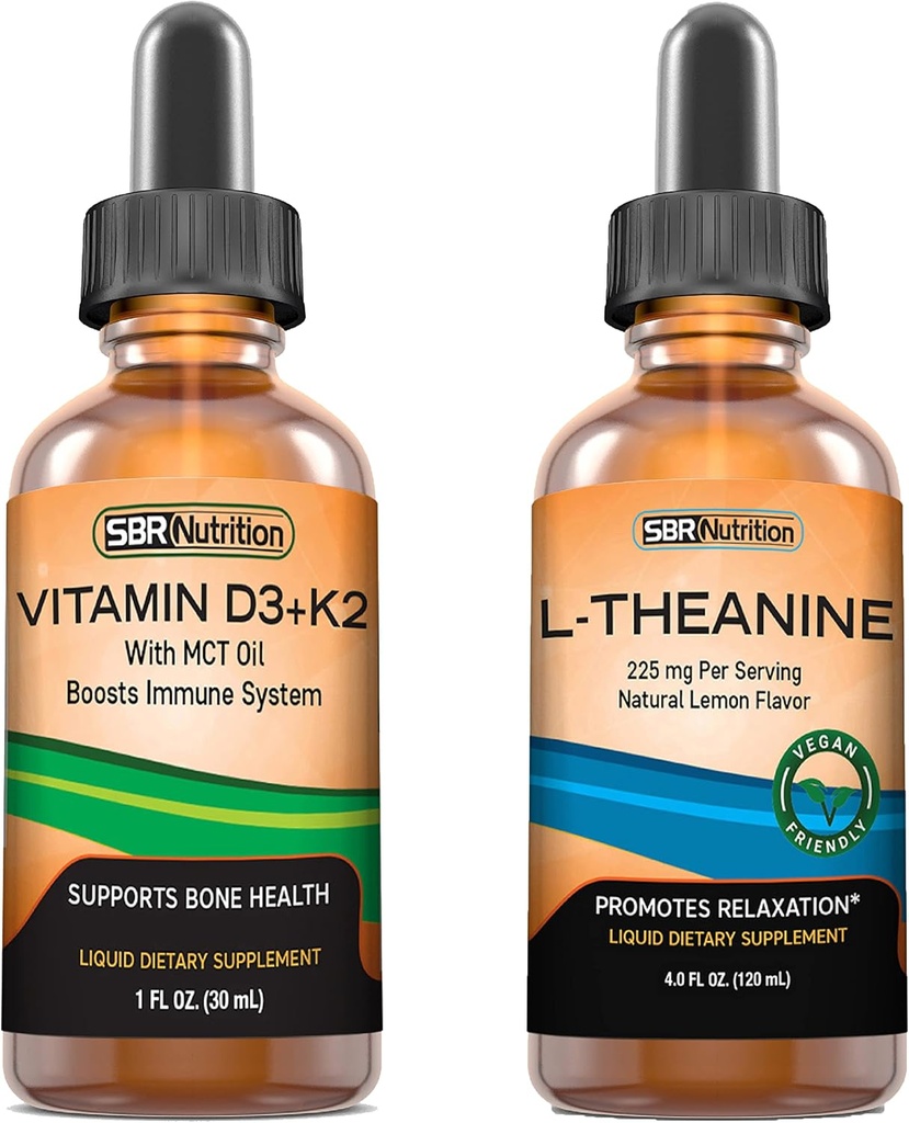 SBR Nutrition D3+K2 et L-Theanine Bundle Vitamine D3K2 (MK7) gouttes liquides, menthe poivrée, 1 oz L théanine 225mg gouttes liquides, 2 oz pour les adultes et les enfants