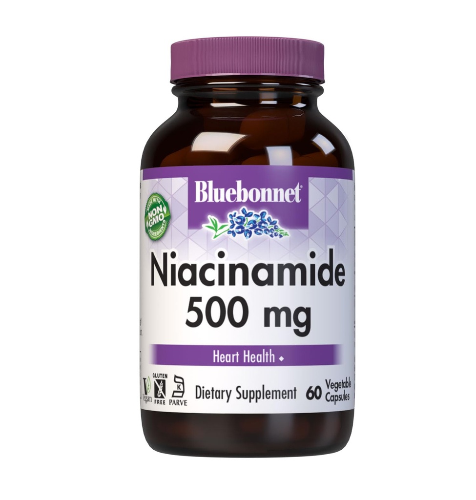 Bluebonnet Nutrition Niacinamide 500mg, Supports Cardiovascular Health*, Soy-Free, Gluten-Free, Non-GMO, Kosher Certified, Dairy-Free, Vegan, 60 Vegetable Capsule, 60 Servings