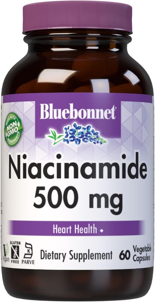 Bluebonnet Nutrition Niacinamide 500mg, soutient la santé cardiovasculaire*, sans soja, sans gluten, sans OGM, certifié Casher, sans lait, végétalien, 60 capsules végétales, 60 portions