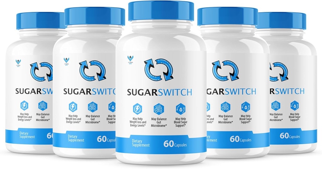 (5 PACK) SugarSwitch Capsules, Official Sugar Switch Pills, All-Natural Blood Formula for Healthy Levels, Sugar Switch 24 Supplement, SugarSwitch 2 Pectin Reviews (300 Capsules) 5 Month Supply