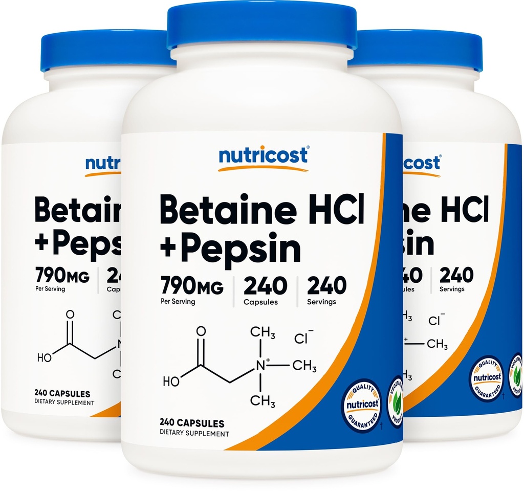 Nutricost Betaïne HCl + Pepsin 790mg, 240 Capsules, 3 Bouteilles (720 Capsules)