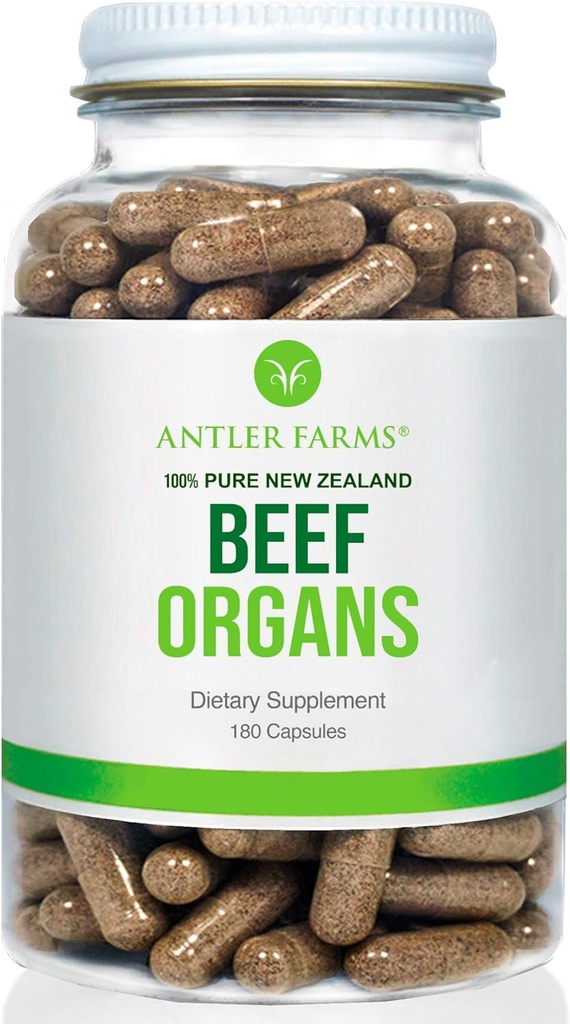 Antler Farms - 100% purs organes de boeuf néo-zélandais - coeur, foie, rein, 180 capsules, 400mg - herbe Fed, supplément traité à froid, pur et propre sans rBGH, sans remplissage ou additifs