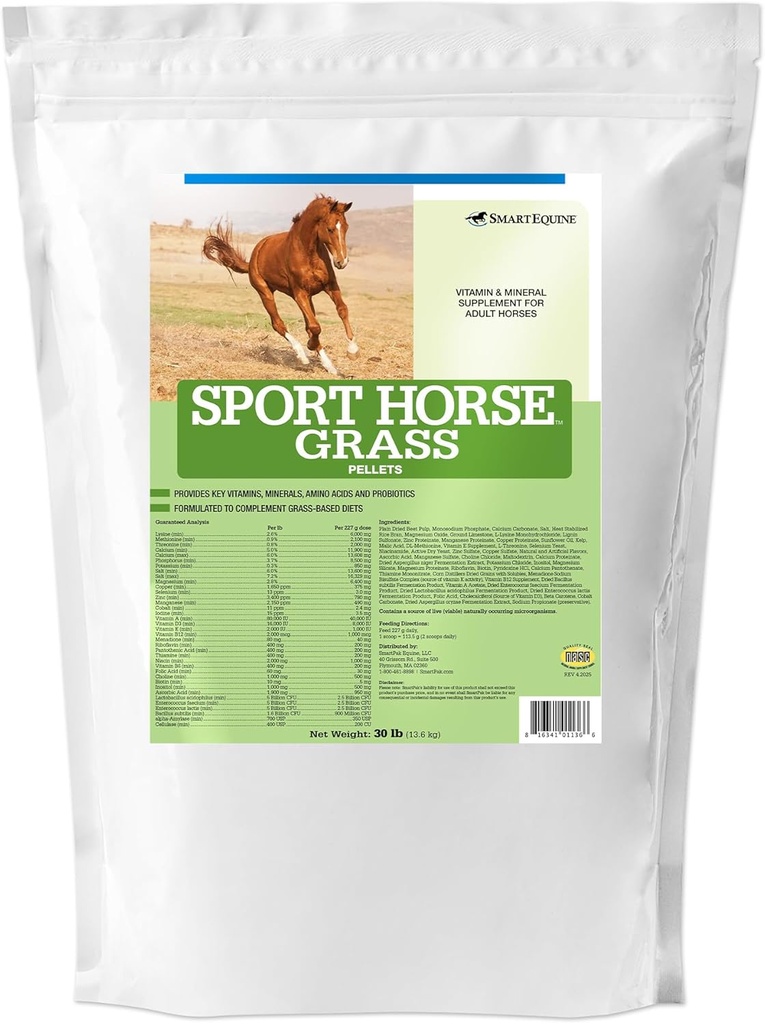 Sport Grass Pellets | Horse Probiotics, Prebiotics, Vitamins & Minerals, Horse Vitamin E Supplement for Athlete Equines | Provides Amino Acids for Muscle Support | 30 lb Bag