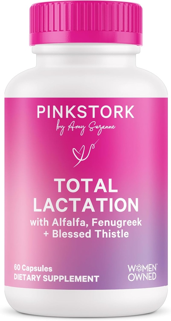 Pink Stork Supplément total d'allaitement pour l'approvisionnement en lait maternel, Fenugreek biologique et Alfalfa pour soutenir l'allaitement, le flux de lait et la production, essentiels postpartum - 60 capsules