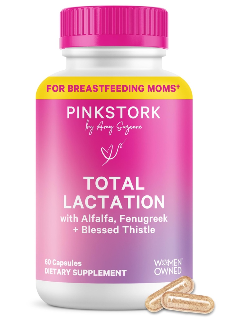 Pink Stork Supplément total d'allaitement pour l'approvisionnement en lait maternel, Fenugreek biologique et Alfalfa pour soutenir l'allaitement, le flux de lait et la production, essentiels postpartum - 60 capsules