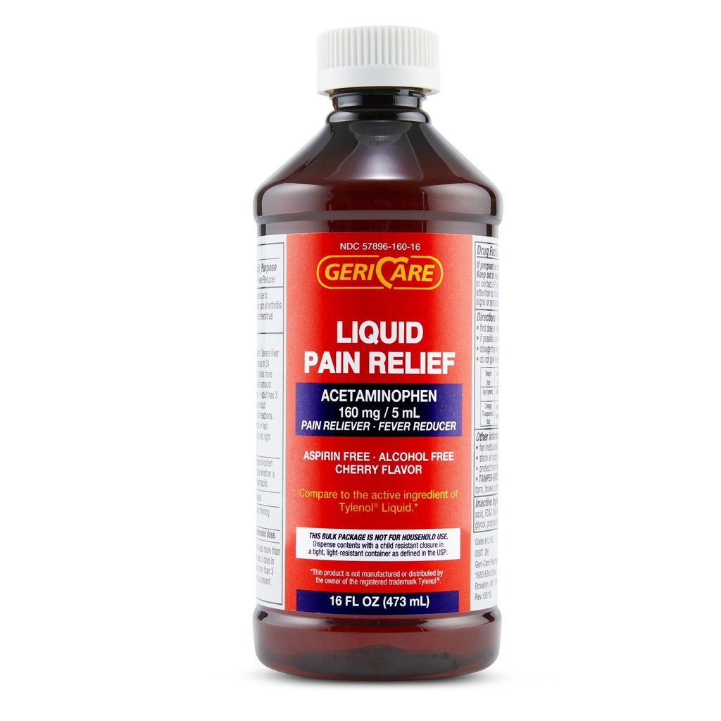 GeriCare Acétaminophène liquide pour les adultes et les enfants, 16 oz Cerise de bouteille aromatisée Acétaminophène pour les maux de tête, les douleurs musculaires, les dents, la douleur menstruelle- Réducteur de fièvre et soulagement de la douleur liquide, 160mg Par 5ml