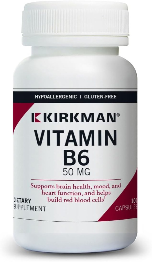 Kirkman Vitamin B-6 50 mg - Hypoallergenic - 100 Vegetarian Capsules - Gluten/Casein Free