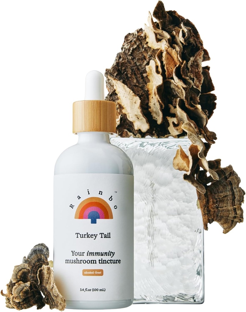 Rainbo - Tuile de dinde Teinture de champignons - Sans alcool - Supplément de champignons à double extrait - Soutien immunitaire, Santé Gut, Supplément de dinde liquide, Vegan, Non OGM, 3,4 fl oz