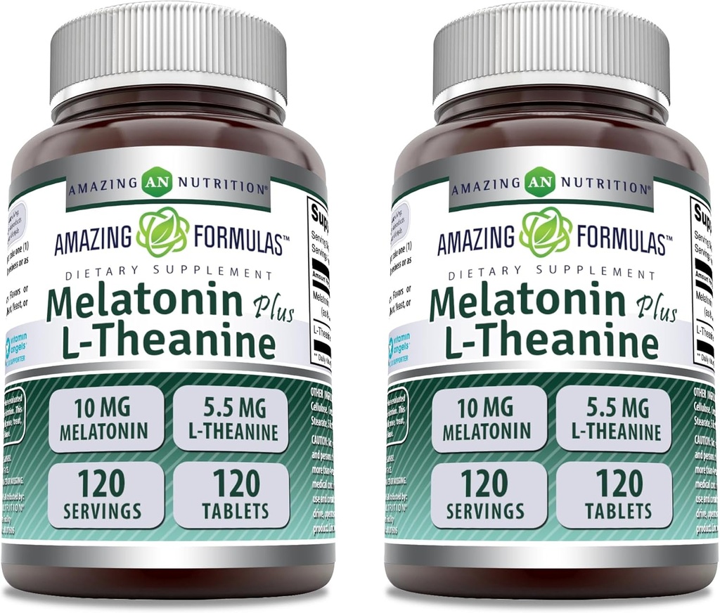 Formules étonnantes Melatonine 10 Mg Plus L-Theanine 5.5 Mg Supplément de 120 comprimés non-OGM (sans gluten) Fabriqué aux États-Unis