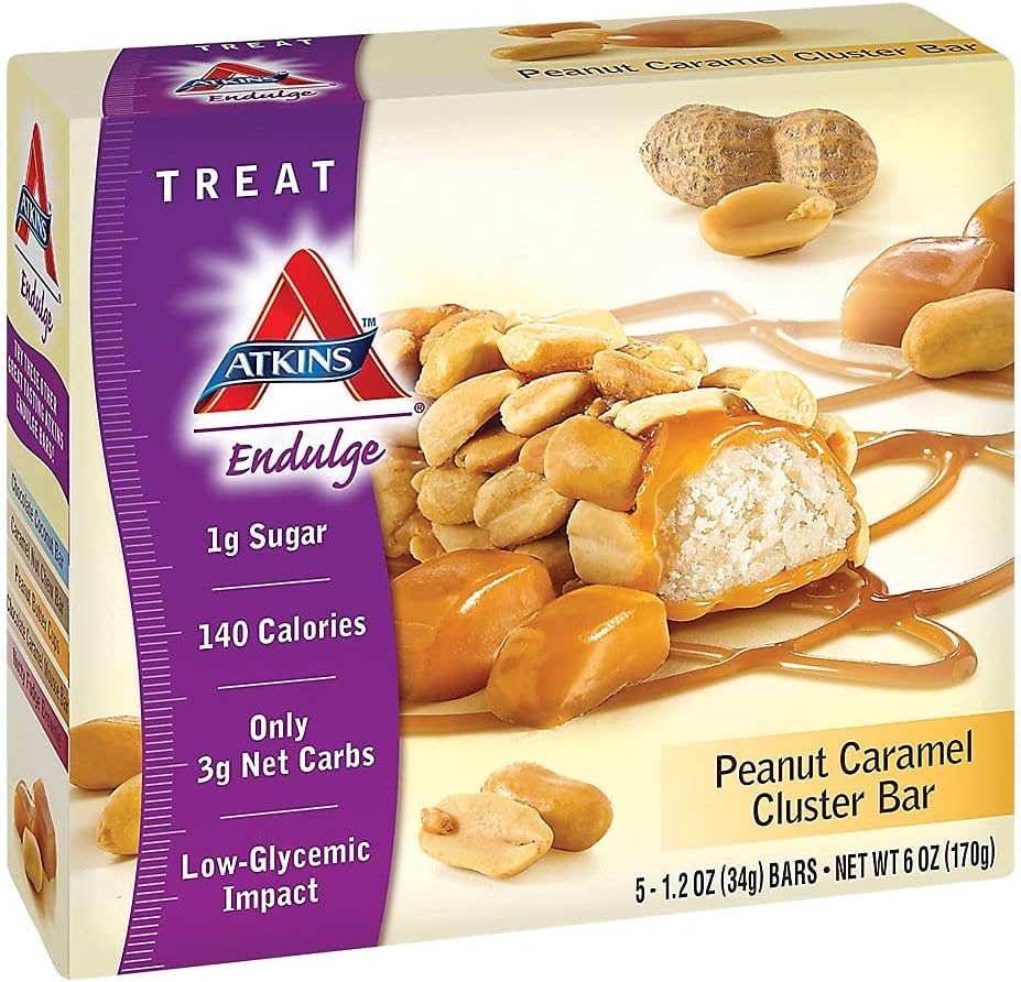 Atkins Peanut Caramel Cluster Bar, Dessert préféré, Haute en fibre, 3g Net Carb, 1g sucre