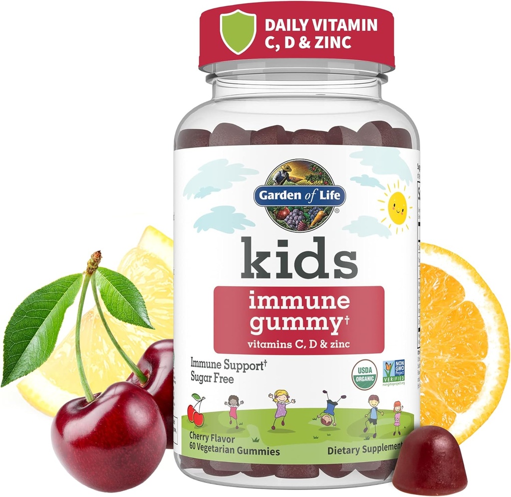 Garden of Life Kids Immune Support Gummies with Vitamin C, D as D3 & Zinc for 3-in-1 Daily Children’s Immunity – Organic, Non-GMO, Gluten-Free, Vegetarian, Sugar Free, Cherry Flavor, 30 Day Supply