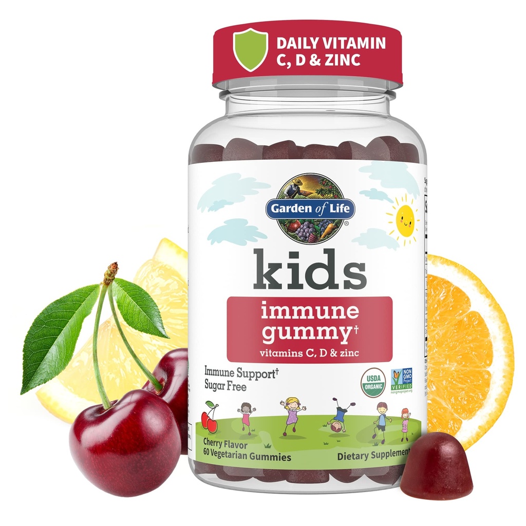 Jardin de la vie Enfants Immune Soutien Gommies avec vitamine C, D comme D3 et zinc pour 3-en-1 Enfants quotidiens Immunité – biologique, non-OGM, sans gluten, végétarien, sans sucre, saveur de cerise, 30 jours d'approvisionnement