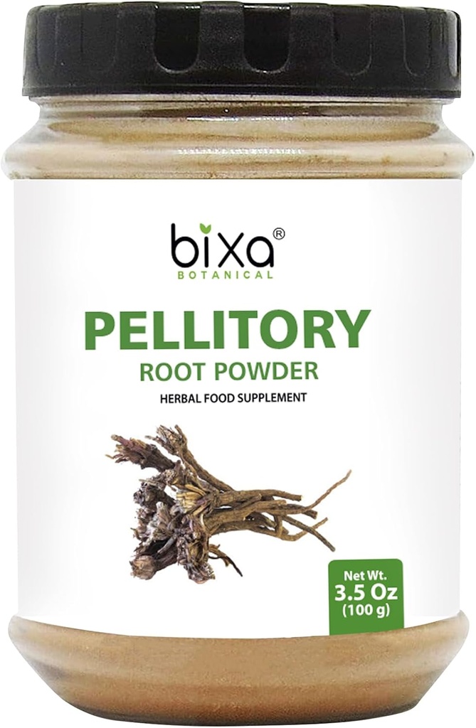 Pellitoire bixa Pellitoire BOTANIQUE Poudre à base de racines d'Anacyclus Pyrethrum/Akarkara. Supplément à base de plantes ayurvédiques sans gluten, sans OGM, traité à la vapeur, végétalien, 100% pur (3.5 Ounce (paquet de 1), poudre à base de racines de Pellitoire.