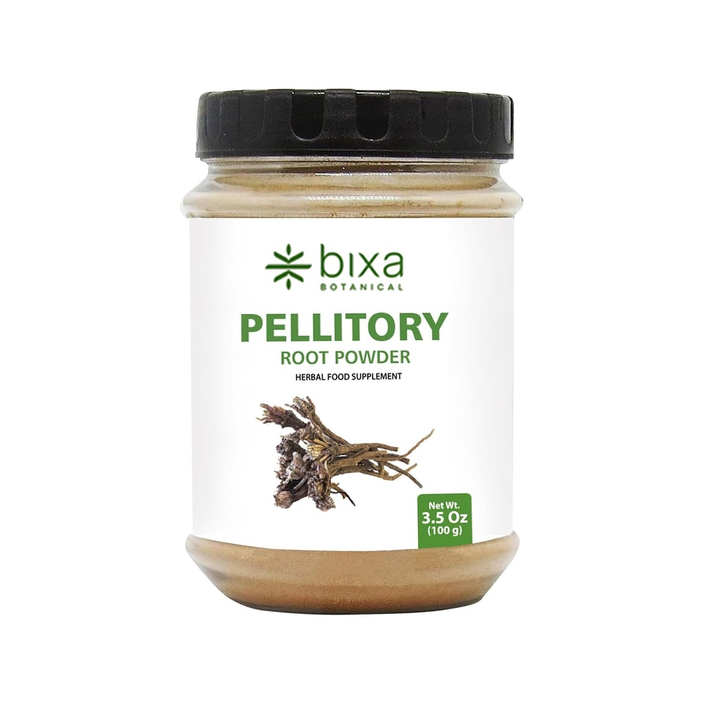 Pellitoire bixa Pellitoire BOTANIQUE Poudre à base de racines d'Anacyclus Pyrethrum/Akarkara. Supplément à base de plantes ayurvédiques sans gluten, sans OGM, traité à la vapeur, végétalien, 100% pur (3.5 Ounce (paquet de 1), poudre à base de racines de Pellitoire.