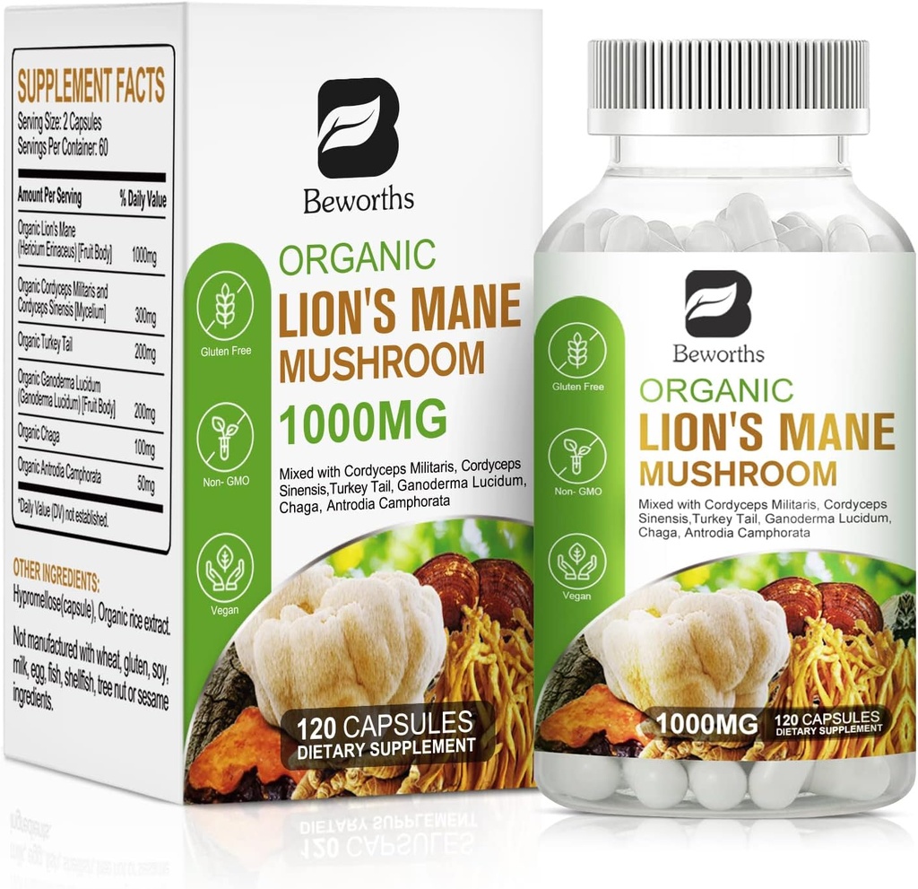 Lion's Mane Mushroom - 120 Capsules de Lion biologique Mane Turkey Tail Mushroom Complement Complex, Cordyceps, Chaga, Turquie Tail, Reishi