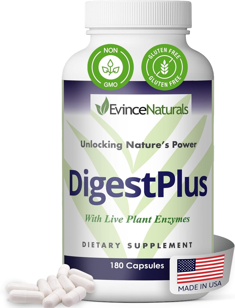 DigestPlus Enzymes digestifs - Enzymes à base de plantes pour le soutien de la digestion, aide à réduire le bloom et le gaz - Formule enzymatique pure pour l'absorption des nutriments - Supplément de digestion, 180 capsules