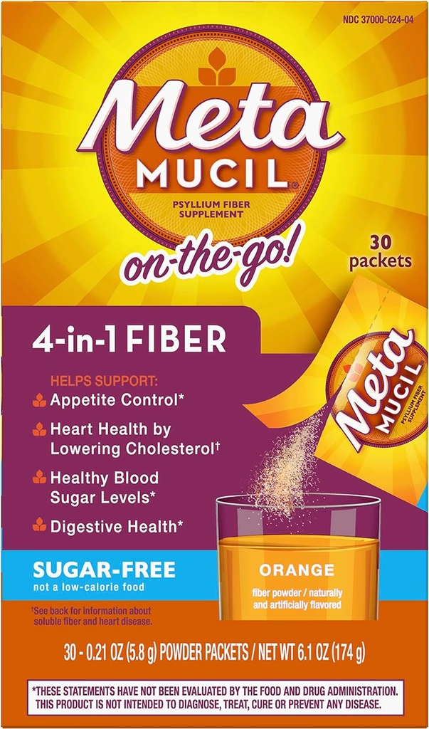 Métamucil Fibre 4-en-1 Psyllium Fibre Supplément Poudre sans sucre Packets à portion unique Boissons aromatisées orange 2 Boîtes de 30 Packets (OLD)