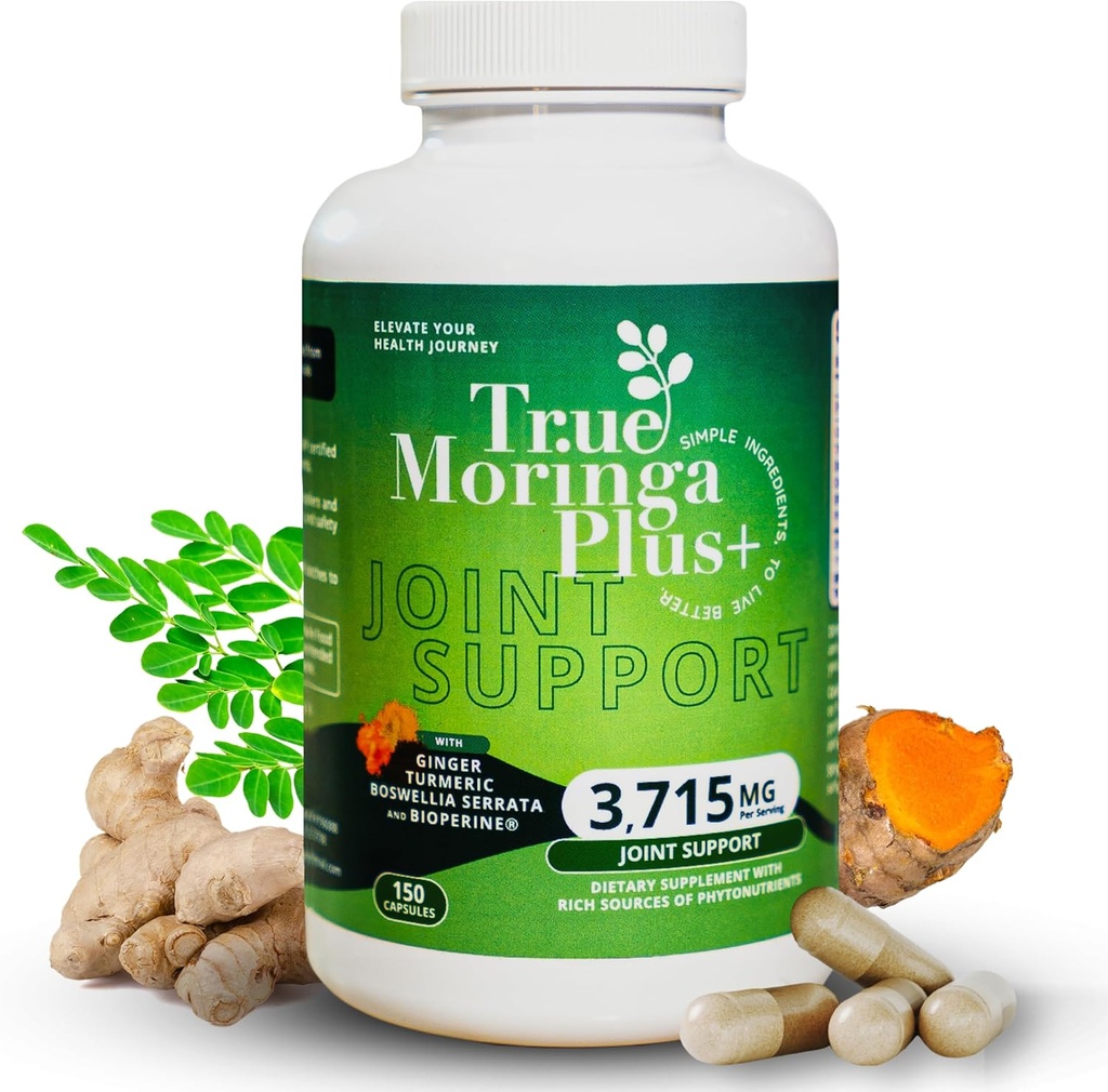 True Moringa Plus+ Joint Support Supplément 10:1 Extrait de 20 000mg de Moringa biologique, Curcumine curcumine, Ginger, Boswellia, BioPerine.