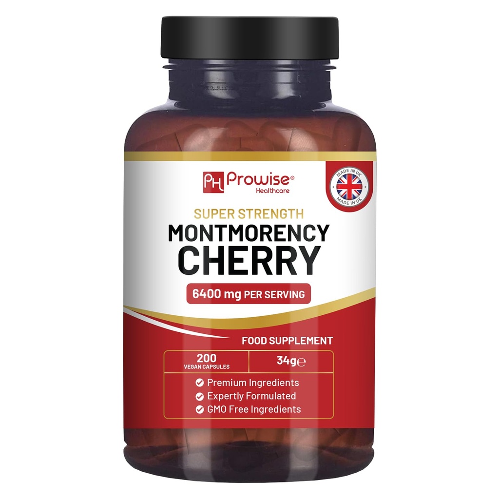 Cerise de Montmorency 6400mg - 200 Capsules de cerise de Tart - Supplément d'extrait de cerise de Tart naturel pour hommes et femmes – Super force, sans gluten, sans végétalien et sans OGM - Fabriqué au Royaume-Uni par Prowise