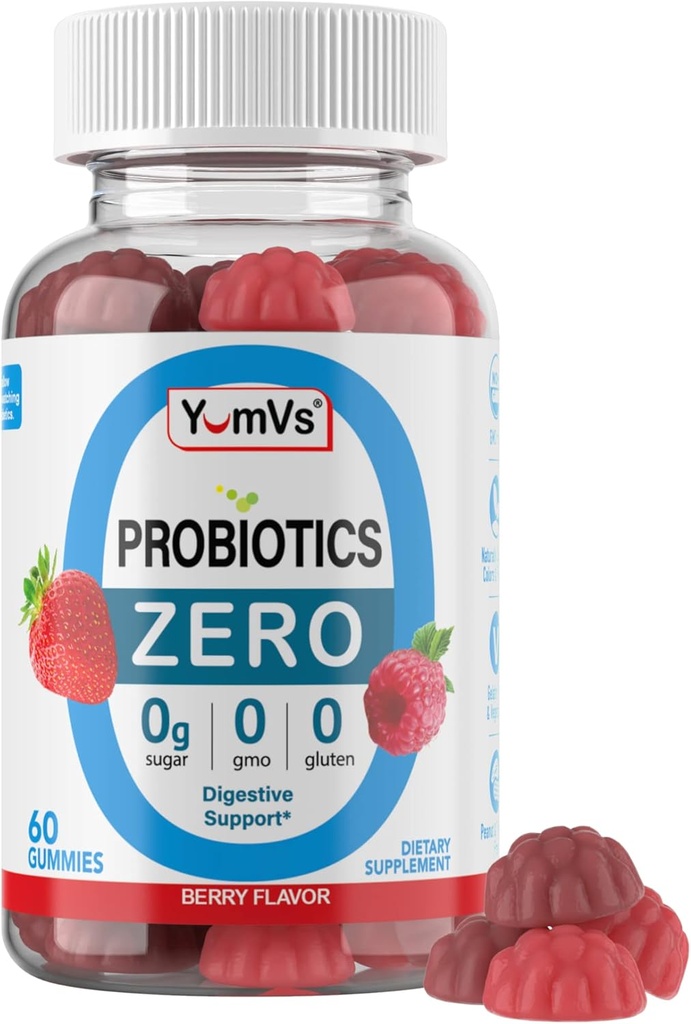 YUM-V'S - Gummies probiotiques de sucre zéro pour la santé digestive - Probiotiques sans sucre pour les femmes, les hommes et les enfants - Gummies probiotiques de santé de Gut pour les adultes et les enfants - Suppléments de gummy de soutien digestif - 60ct