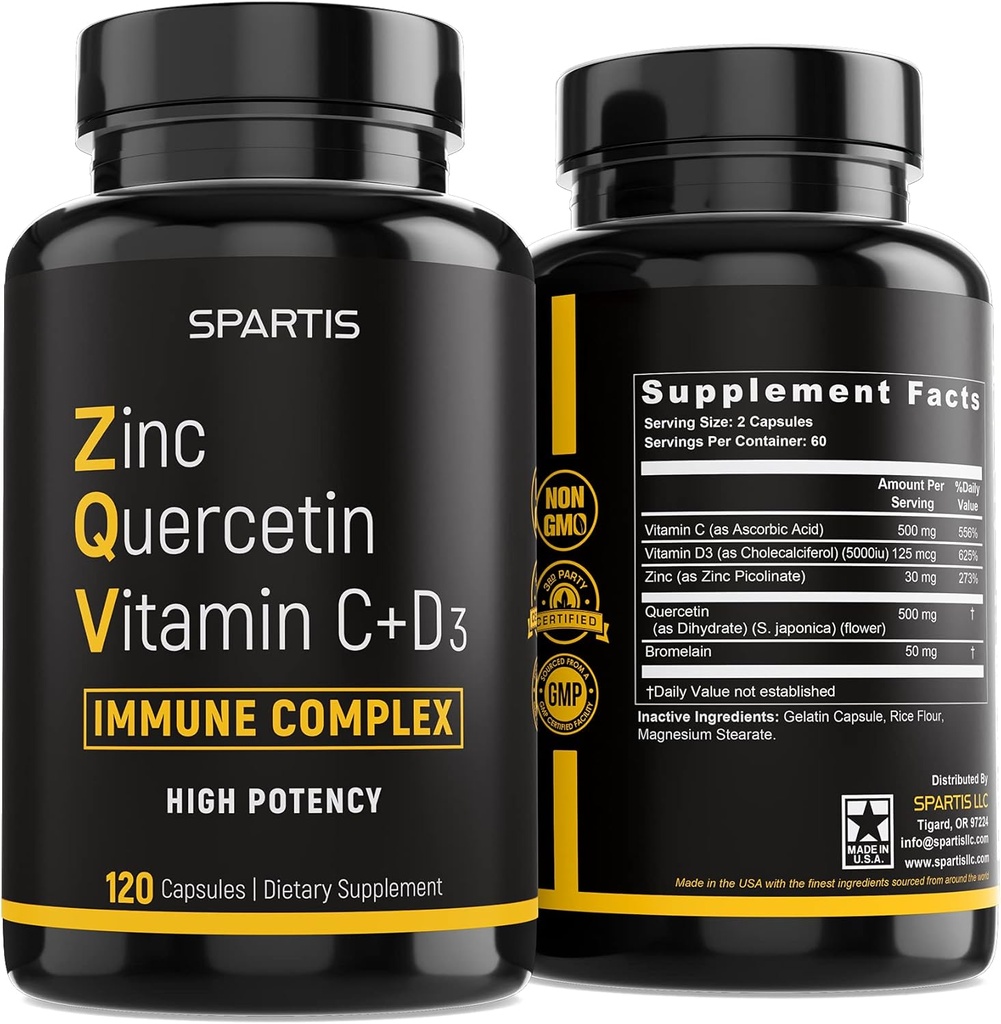 Zinc Quercetin 500mg avec vitamine C Vitamine D3 Bromelain Immune Soutien High Potency Quercetin Supplément de zinc ZQV par SPARTIS (paquet de 1 bouteille à 120caps)