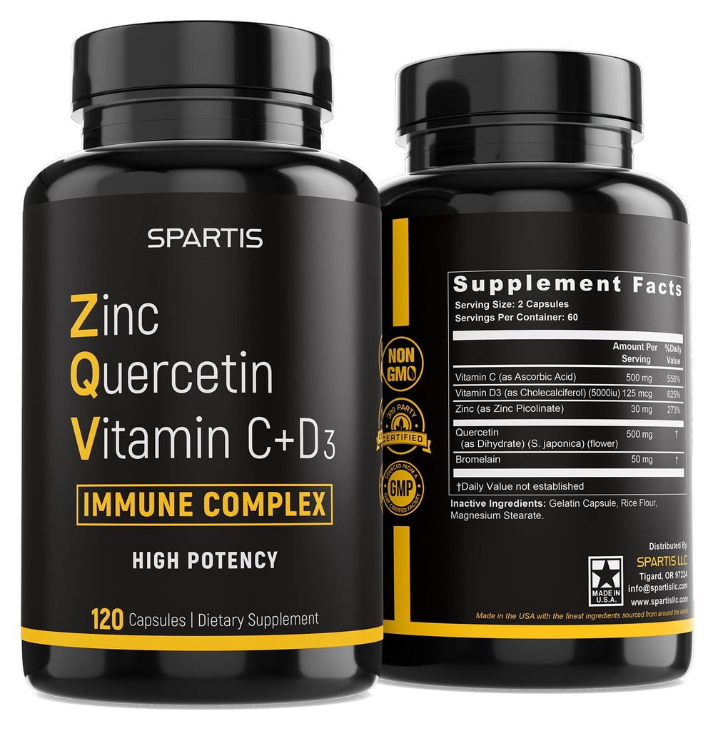 Zinc Quercetin 500mg avec vitamine C Vitamine D3 Bromelain Immune Support High Potency Quercetin Supplément de zinc ZQV par SPARTIS (paquet de 1 bouteille à 120caps)