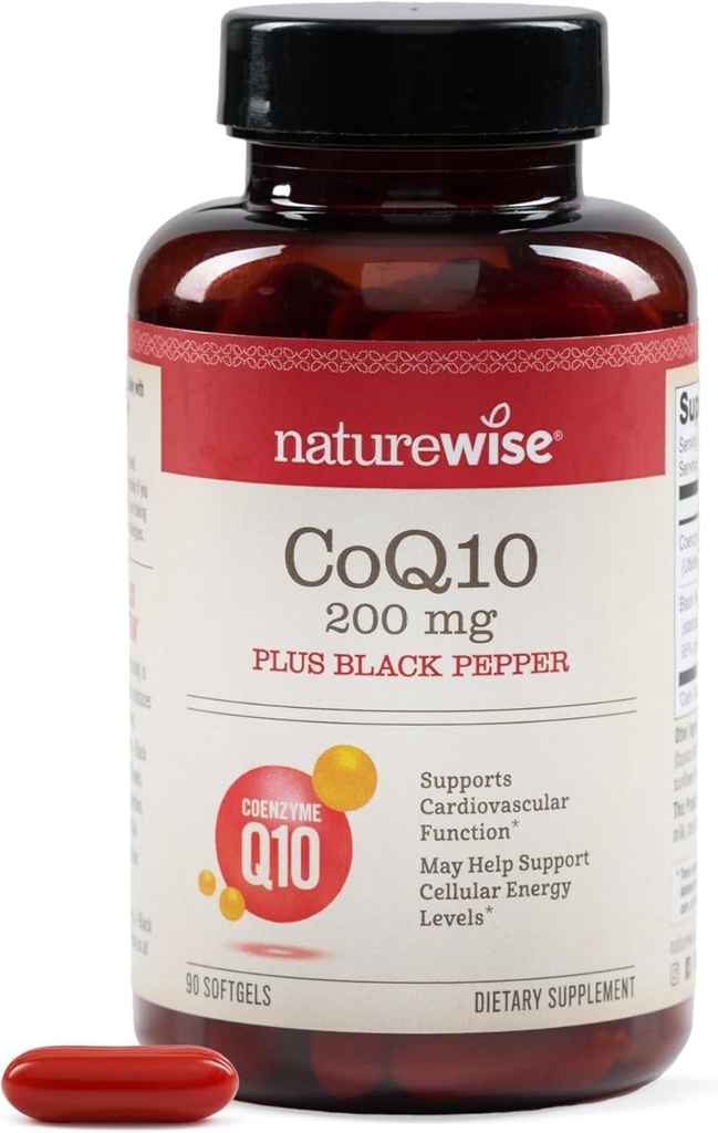 NatureWise CoQ10 200mg + Black Pepper Softgels - High Absorption Coenzyme Q10 + Black Pepper - Antioxidant for Heart Health + Cellular Energy - Vegan, Non-GMO, Gluten-Free - 90 Count[90-Day Supply]